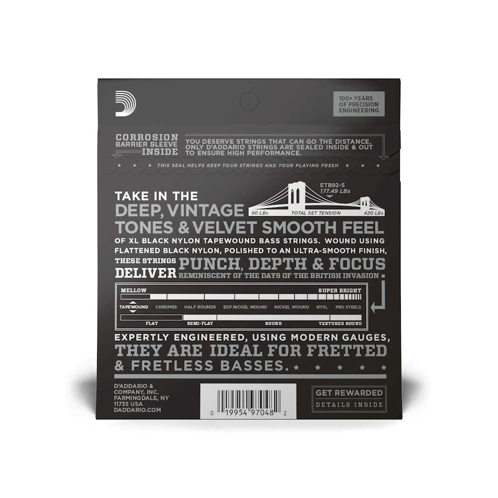 D'Addario Black Nylon Tapewound 5-String Long-Scale Electric Bass Guitar Strings XL ETB92-5 (50-135)