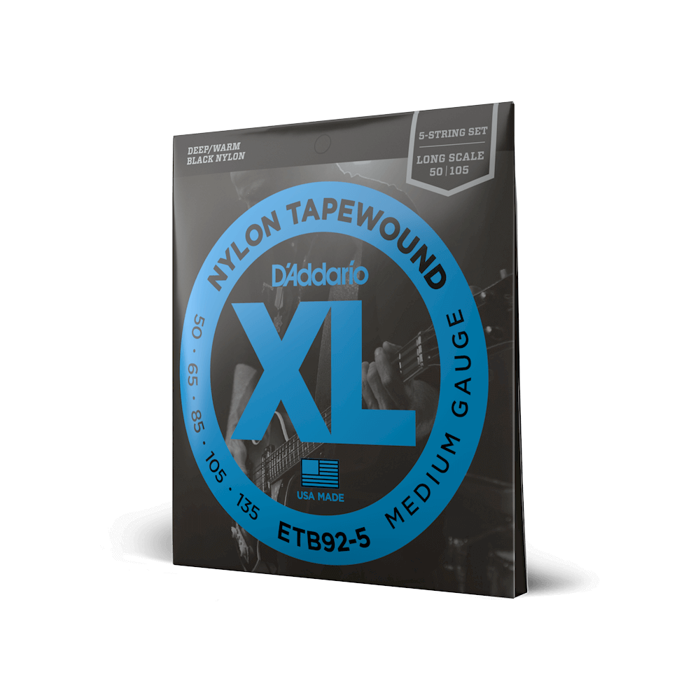 D'Addario Black Nylon Tapewound 5-String Long-Scale Electric Bass Guitar Strings XL ETB92-5 (50-135)