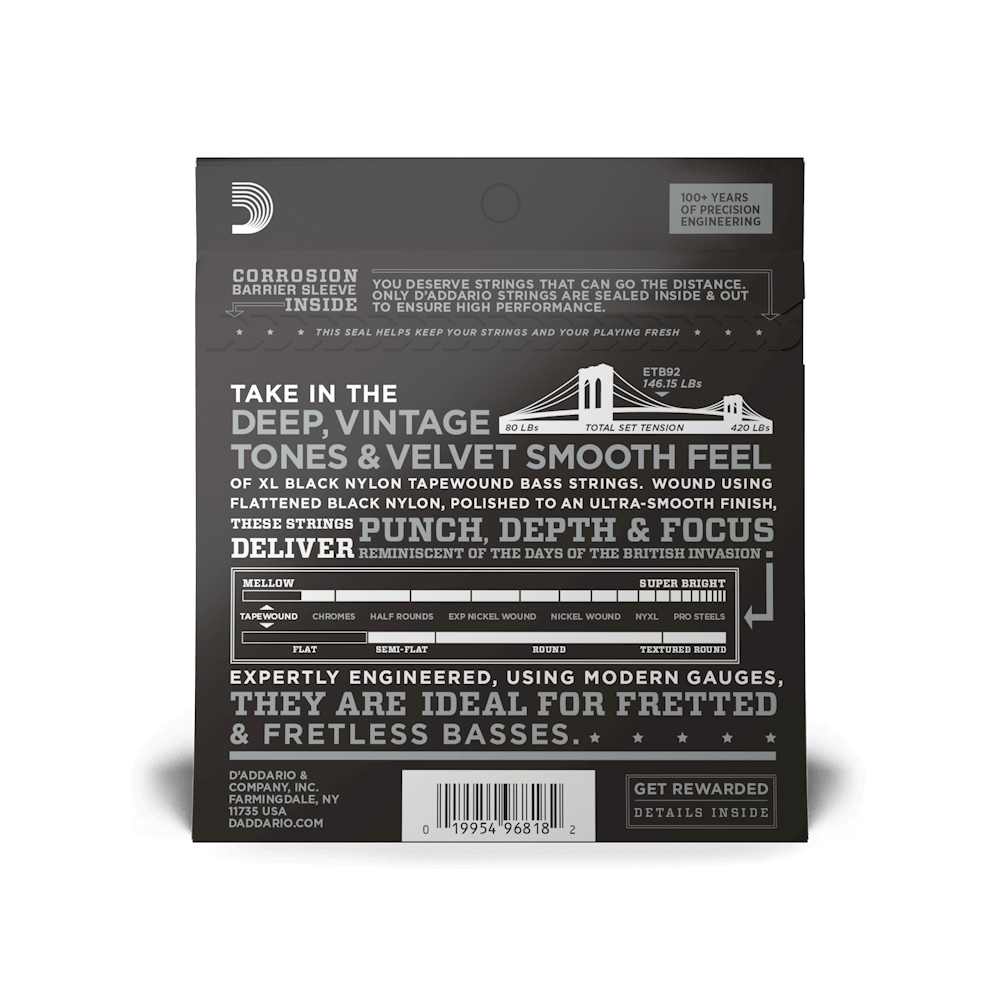 D'Addario Black Nylon Tapewound Long-Scale Electric Bass Guitar Strings XL ETB92 (50-105)