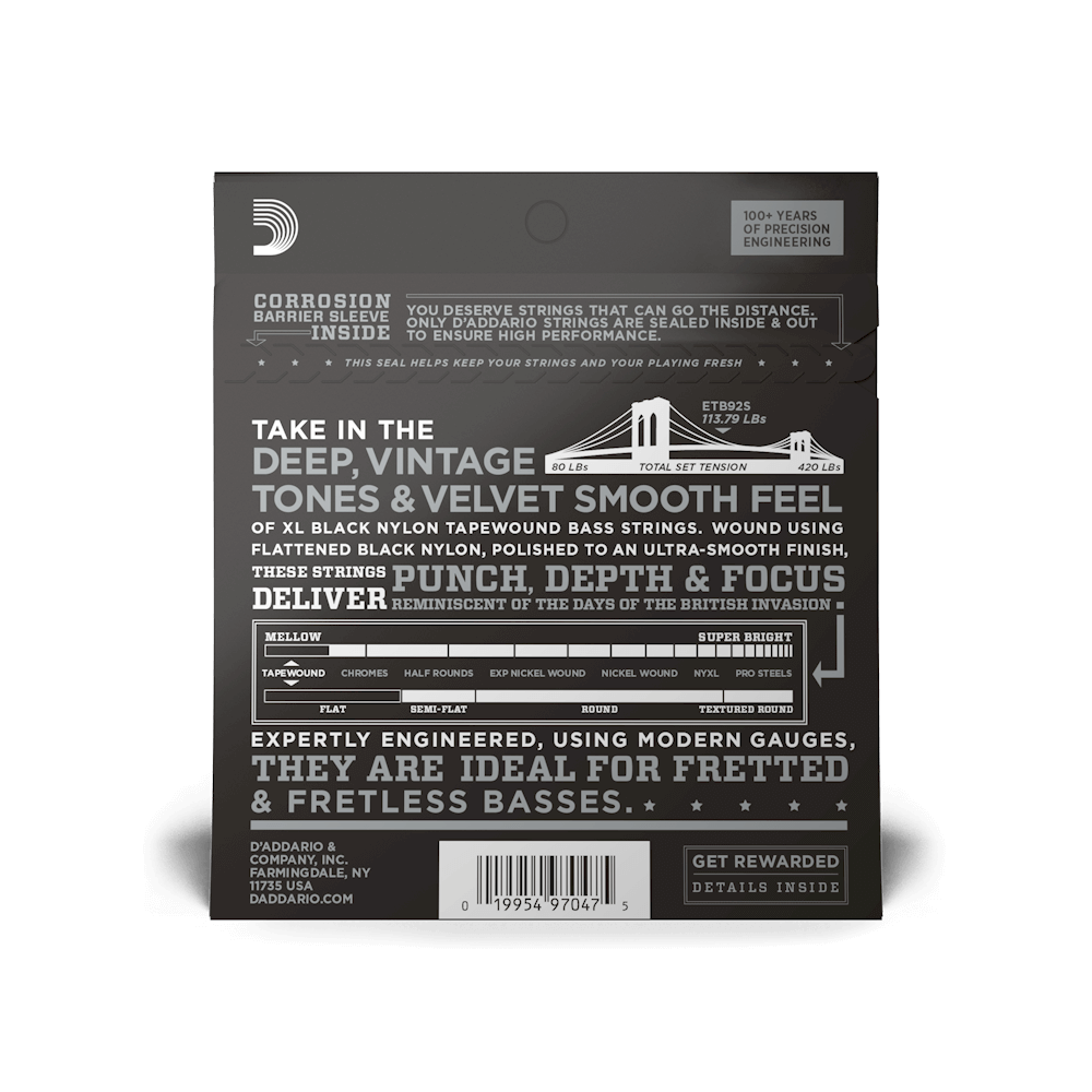 D'Addario Black Nylon Tapewound Short-Scale Electric Bass Guitar Strings XL ETB92S (50-105)