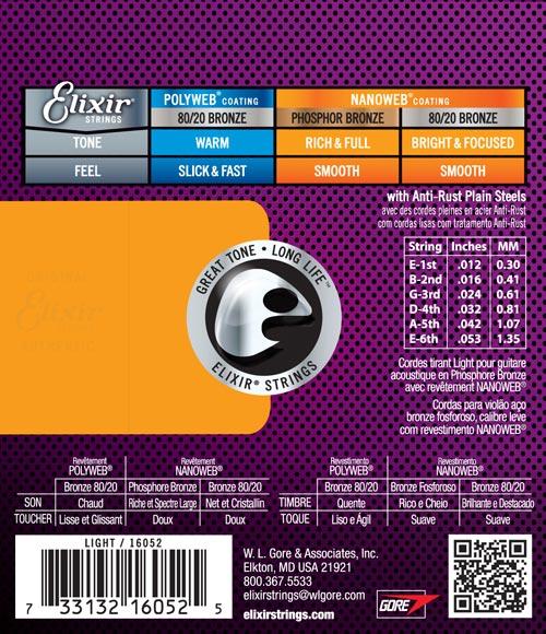 Elixir® 16052 Acoustic Guitar Strings Phosphor Bronze Nanoweb Coating Light 12-53