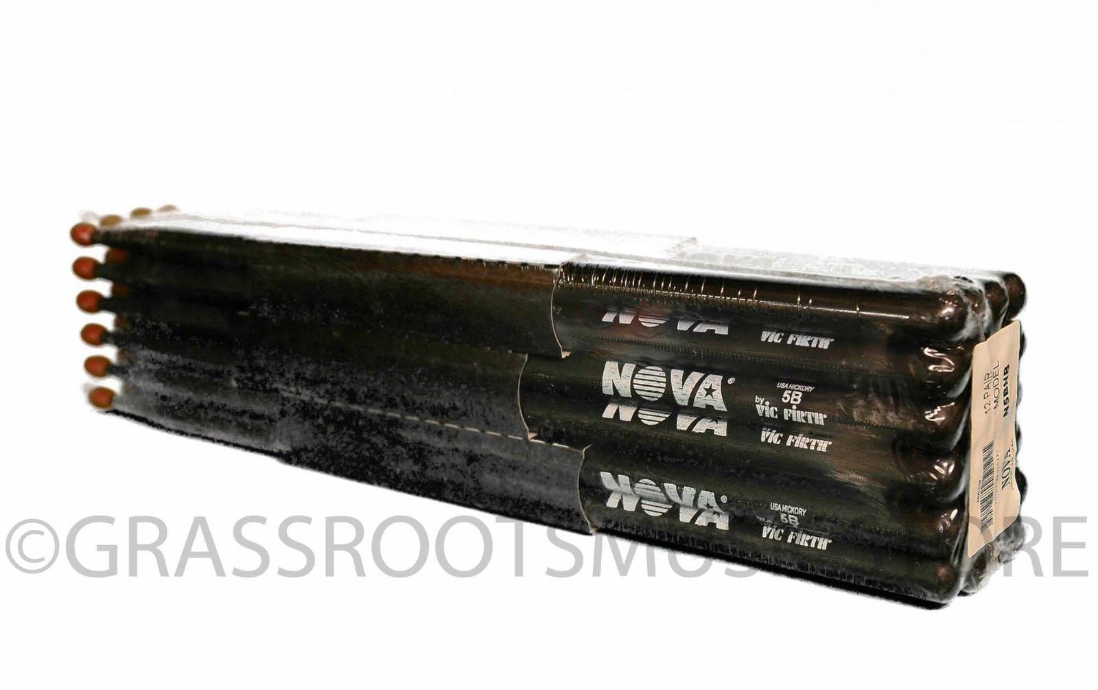 (12-Pairs) Vic Firth® NOVA® 5B Hickory Drumsticks, Black Sticks, Red Nylon Tip. #N5BNB