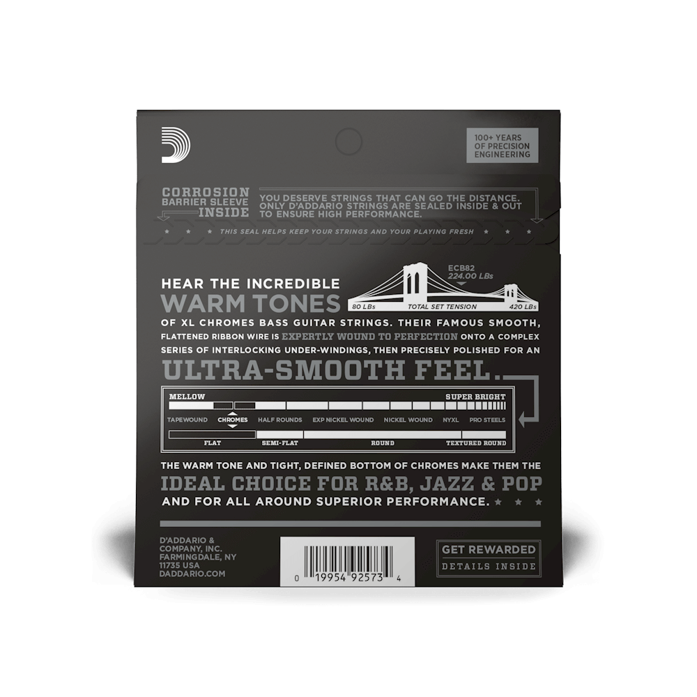 D'Addario® ECB82 Chromes Flat Wound Electric Bass Strings 50-105