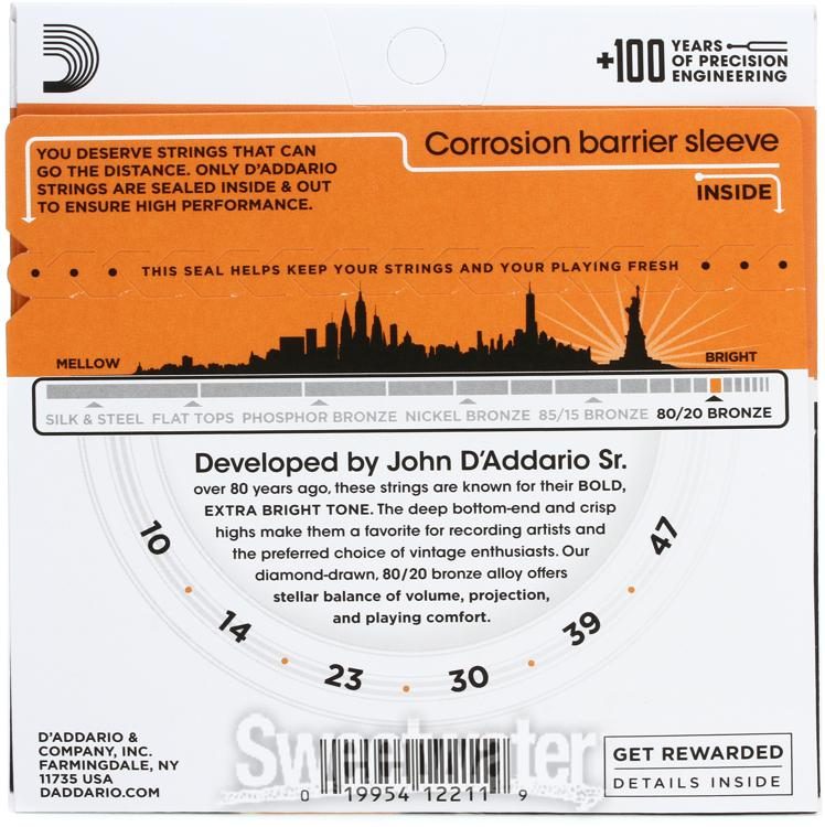 D'Addario® EJ10 80/20 Bronze Extra Light Gauge Acoustic Guitar Strings 10-47