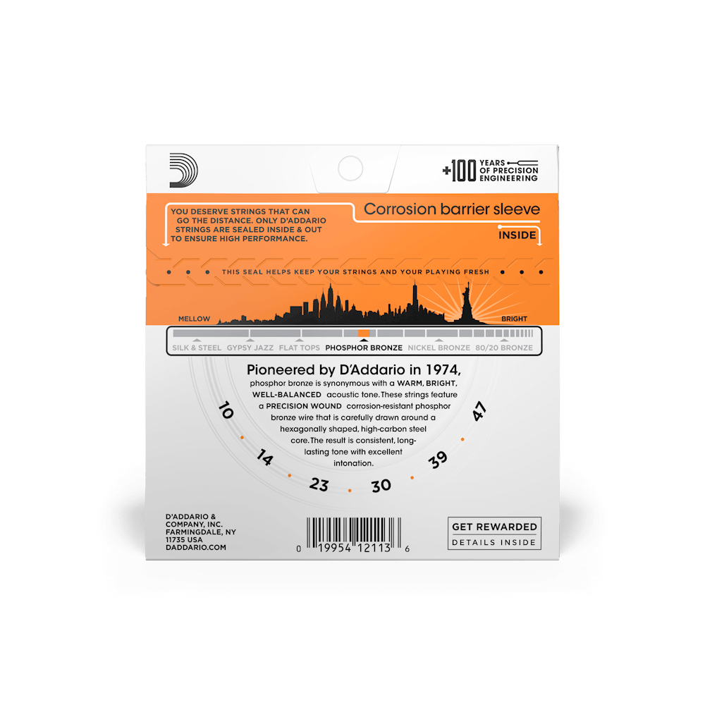 D'Addario® EJ15 Phosphor Bronze Extra Light Gauge Acoustic Guitar Strings 10-47
