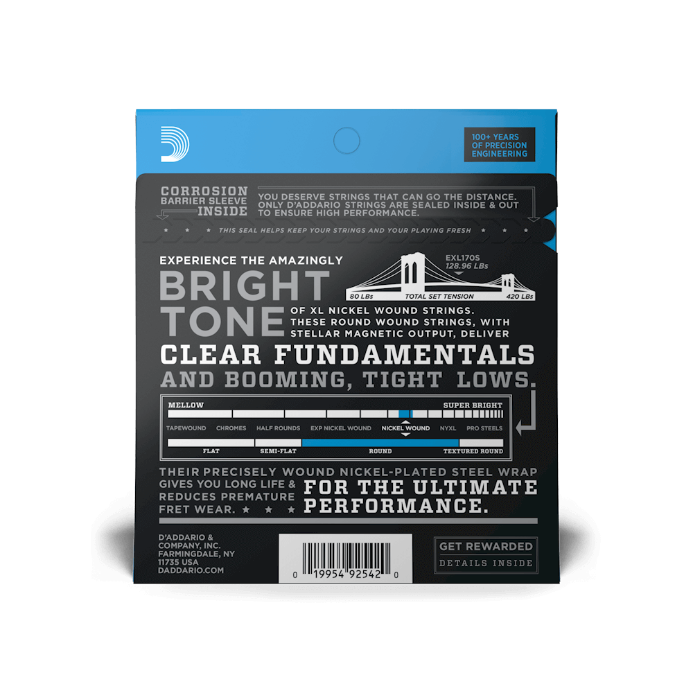 D'Addario® EXL170S Nickel Wound Regular Light Gauge Short Scale Electric Bass Strings 45-100