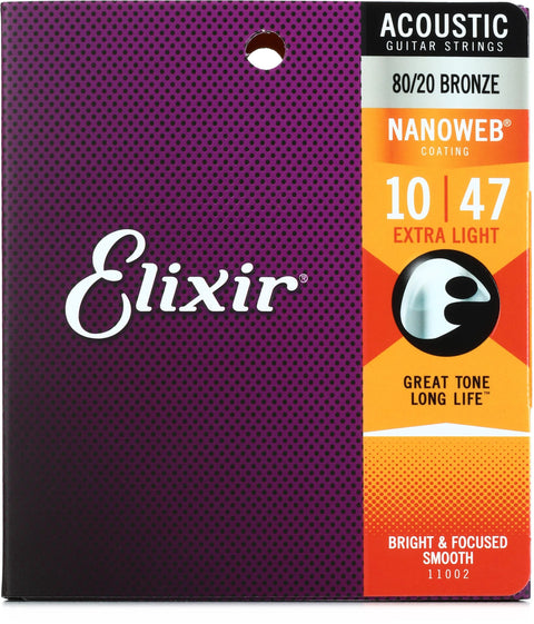 Elixir® 11002 Acoustic Guitar Strings 80/20 Bronze Nanoweb Coating Extra Light 10-47