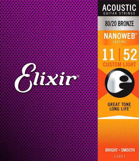 Elixir® 11027 Acoustic Guitar Strings 80/20 Bronze Nanoweb Coating Custom Light 11-52