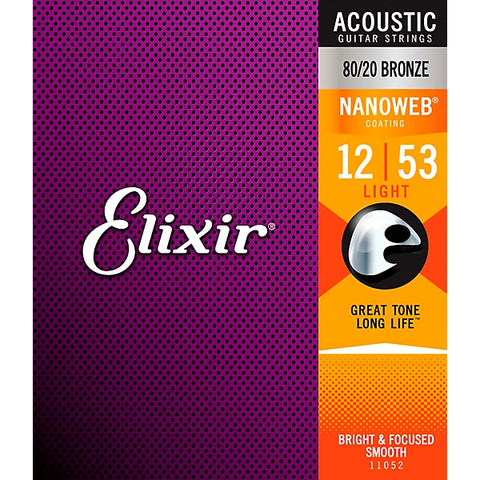 Elixir® 11052 Acoustic Guitar Strings 80/20 Bronze Nanoweb Coating Light 12-53
