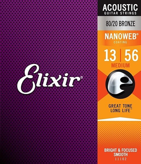 Elixir® 11102 Acoustic Guitar Strings 80/20 Bronze Nanoweb Coating Medium 13-56
