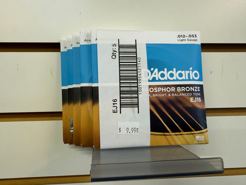 D'Addario EJ16 12-53 Phosphor Bronze Light Gauge Acoustic Guitar Strings 5-PACK