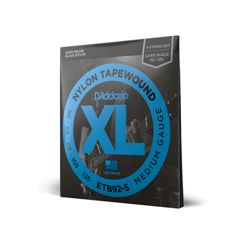 D'Addario Black Nylon Tapewound 5-String Long-Scale Electric Bass Guitar Strings XL ETB92-5 (50-135)