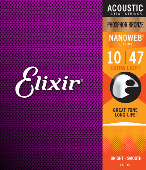Elixir® 16002 Acoustic Guitar Strings Phosphor Bronze Nanoweb Coating Extra Light 10-47