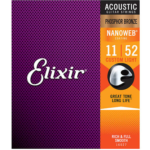 Elixir® 16027 Acoustic Guitar Strings Phosphor Bronze Nanoweb Coating Custom Light 11-52