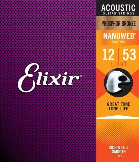 Elixir® 16052 Acoustic Guitar Strings Phosphor Bronze Nanoweb Coating Light 12-53