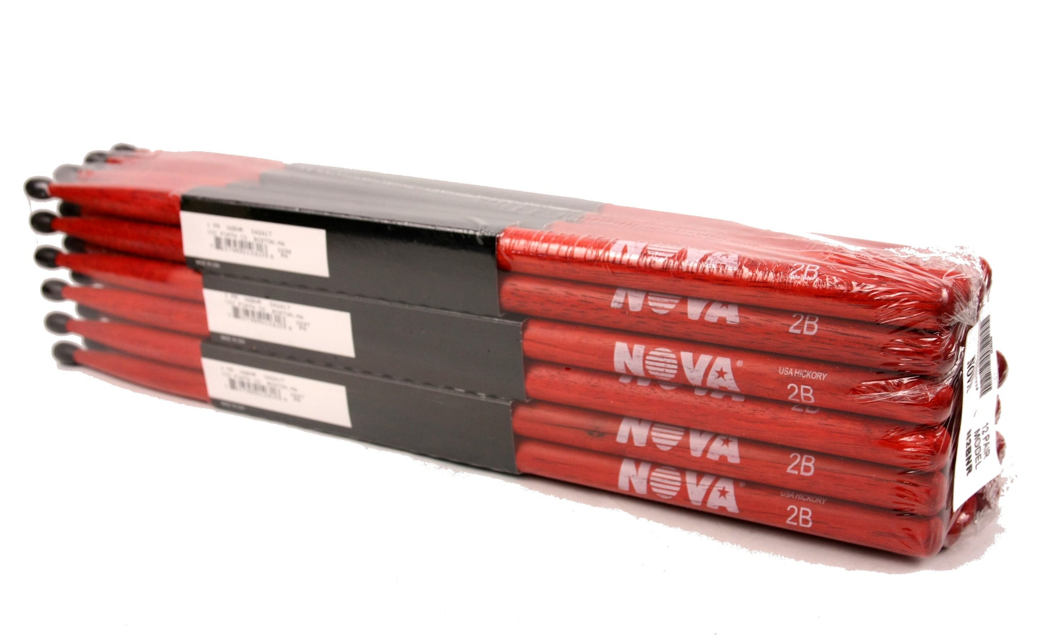 (12-Pairs) Vic Firth® NOVA® 2B Hickory Drumsticks, Red Sticks, Black Nylon Tip. #N2BNR