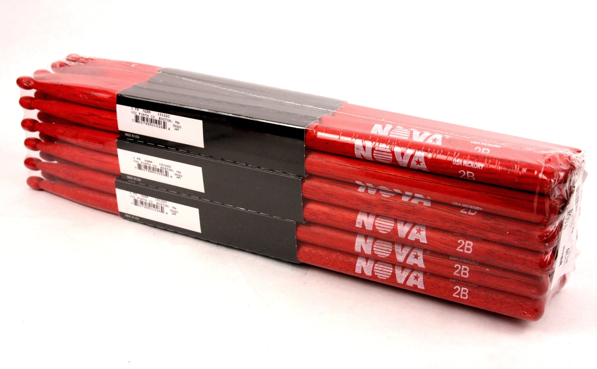 (12-Pairs) Vic Firth® NOVA® 2B Hickory Drumsticks, Red Sticks, Red Wood Tip. #N2BR