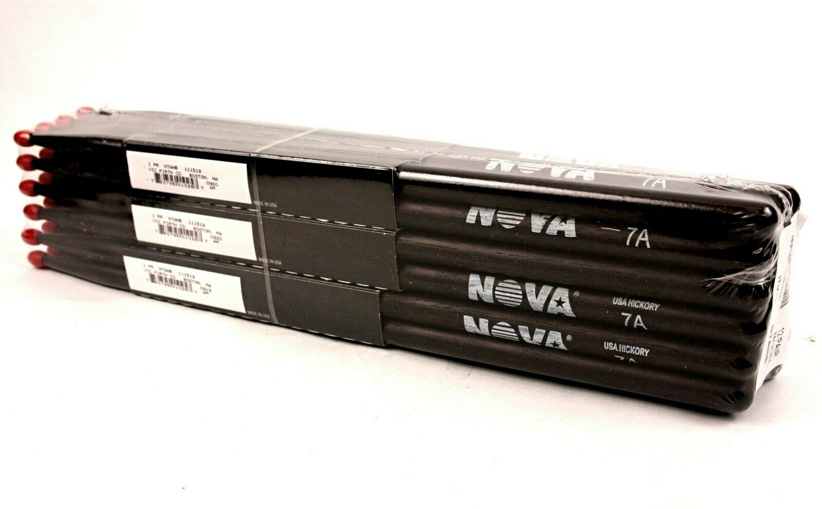 (12-Pairs) Vic Firth® NOVA® 7A Hickory Drumsticks, Black Sticks, Red Nylon Tip. #N7ANB