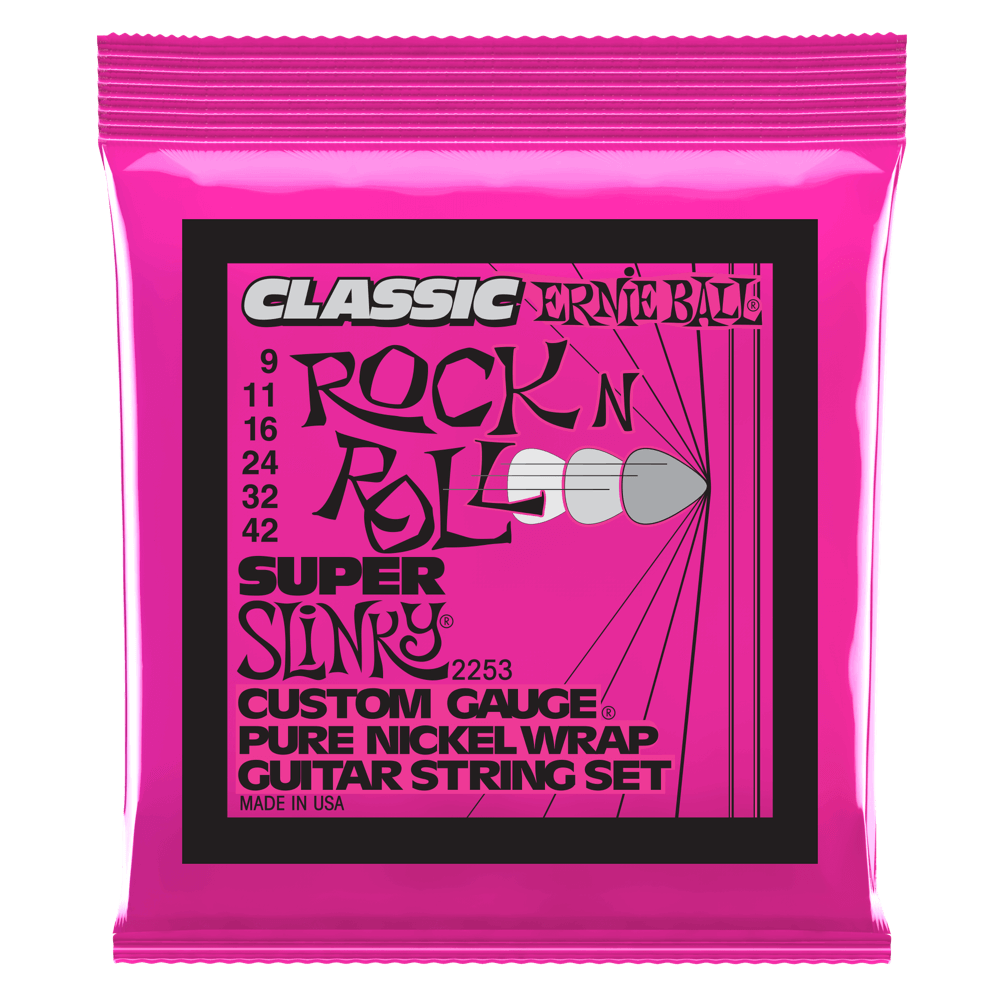 Ernie Ball Rock n Roll Classic Super Slinky Guitar Strings - Custom Gauge, Pure Nickel Wrap 9-42